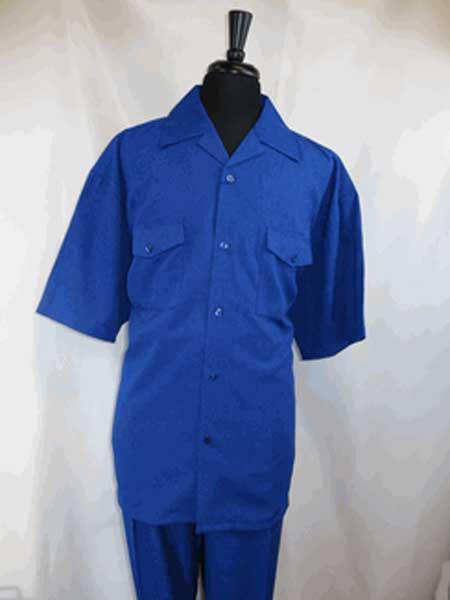 5 Buttons Short Sleeve Royal Blue Casual Two Piece Walking Outfit For Sale Pant Sets Shirt With Pleated Pant Set