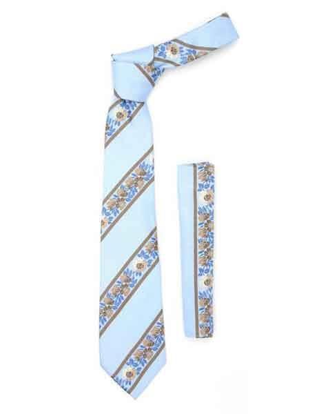 Microfiber Floral Striped Baby Blue Fashionable NeckTie And Hankie Set - Men's Neck Ties - Mens Dress Tie - Trendy Mens Ties