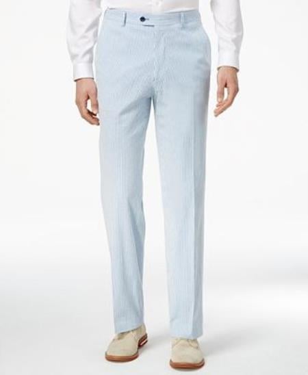 Men's Blue/White Slim Fit Stretch seersucker ~ sear sucker Suit Flat Front Men's Tapered Men's Dress Pants