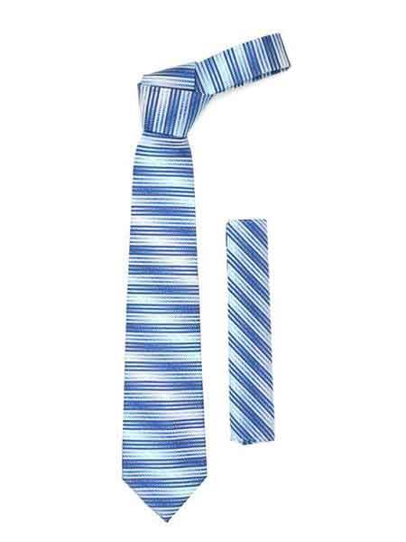 Blue Silver Striped Design NeckTie And Hankie Set- Men's Neck Ties - Mens Dress Tie - Trendy Mens Ties