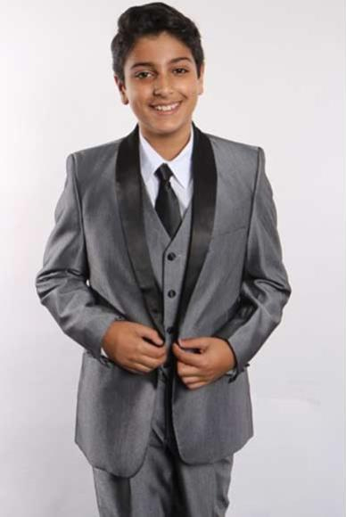 Boy's Gray/Black Two Toned Shawl Lapel 5 Piece Suit Vested With Shirt, Tie & Hanky