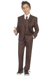 Boy's Tazio 2 Button Closure 5 piece Suit with Vest, Shirt & Tie Brown