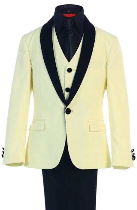 Boys Kids Sizes Tuxedo Suit AFT 3-Button Vest Suede Shawl Suit with Adjustable Tie Ivory