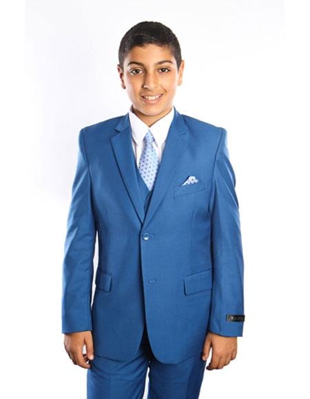 Children Solid French Blue  Royal Suits Vested 2 Button