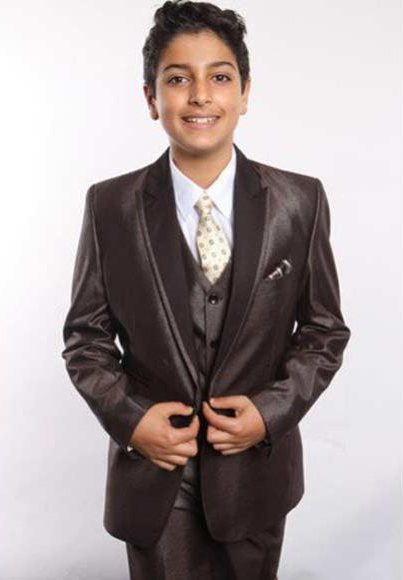 Boy's Brown Poly Rayon Satin Peak Leapel 5 Piece Vested Suit With Shirt, Tie & Hanky 