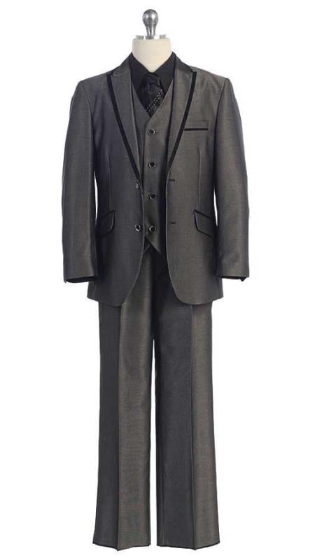 5 Piece Grey Young Men's Boy's Kids Sizes Husky Suit Four Button Vest  Jacket Perfect for toddler Suit wedding  attire outfits
