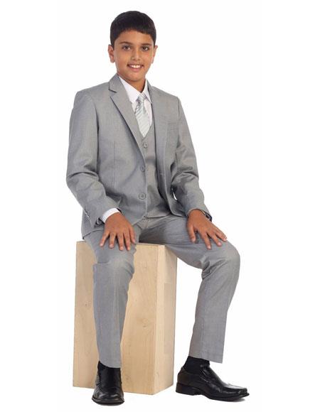Kids Boy's Two Buttons 5 Piece Set Cotton Blend Light Gray Formal Suit Perfect for wedding  attire outfits - Toddler Suit