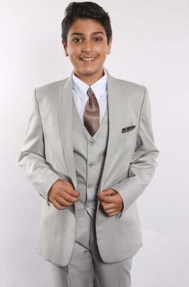 Boy's Gray One Button Shawl Lapel With Shirt, Tie & Hanky Vested 5 Piece Suit