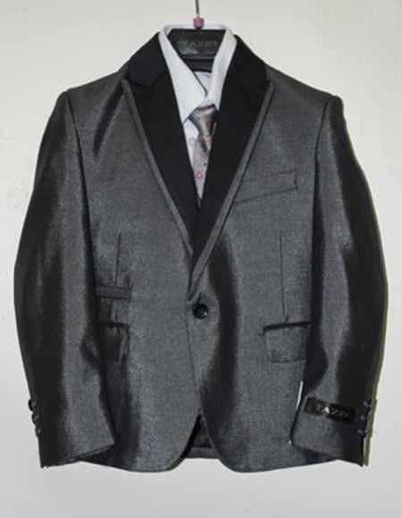 Boy's Grey Fashion Trim Satin Peak Lapel 5 Piece Suit 