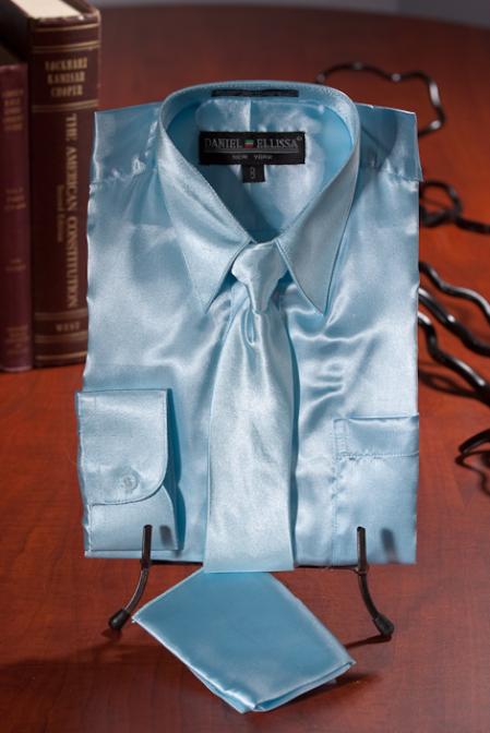 Boys Light Blue Satin Combo Men's Dress Shirt