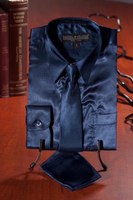 Boys Dark Navy Blue Suit For Men Satin Combo Men's Dress Shirt
