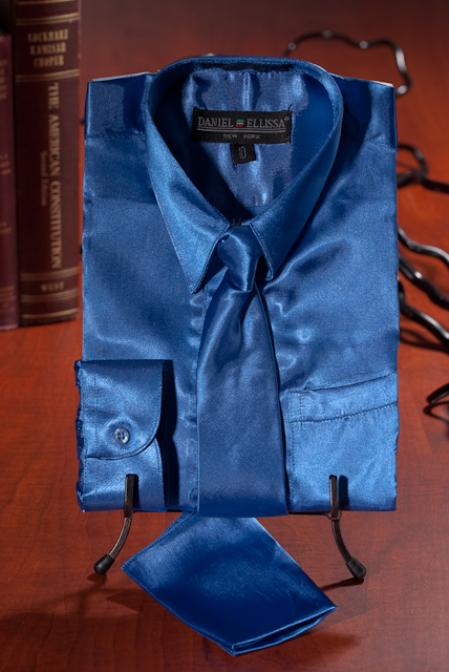Boys Royal Blue Satin Combo Men's Dress Shirt