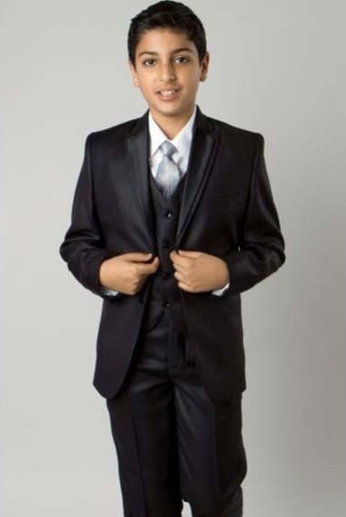 Boy's Solid Black 5 Piece Double Lapel Suit Vested With Shirt,Tie & Hanky