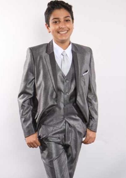 Boy's  Two Toned  Grey Suit Vested With Shirt,Tie & Hanky