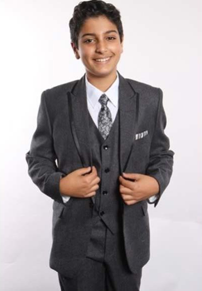 Boy's Two Button Trimmed Peak Lapel With Shirt,Tie & Hanky 5 Piece Black Vested Suit