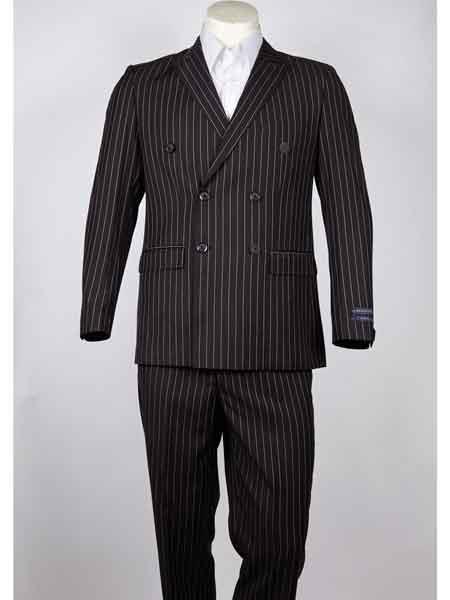 Men's Pinstripe Brown Double Breasted Peak Lapel Summer Suit