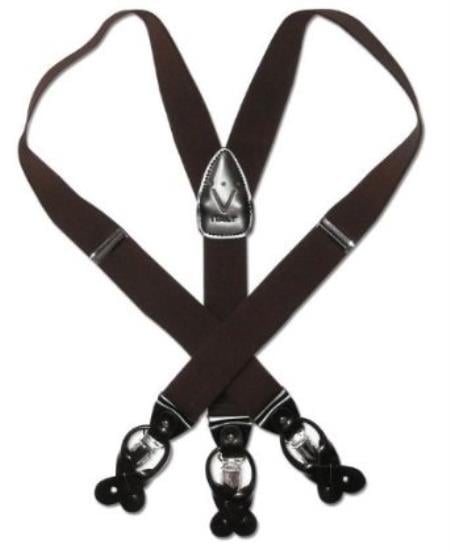 Solid Dark Brown Suspenders For Men. Elastic Y-Back Button & Clip-On 