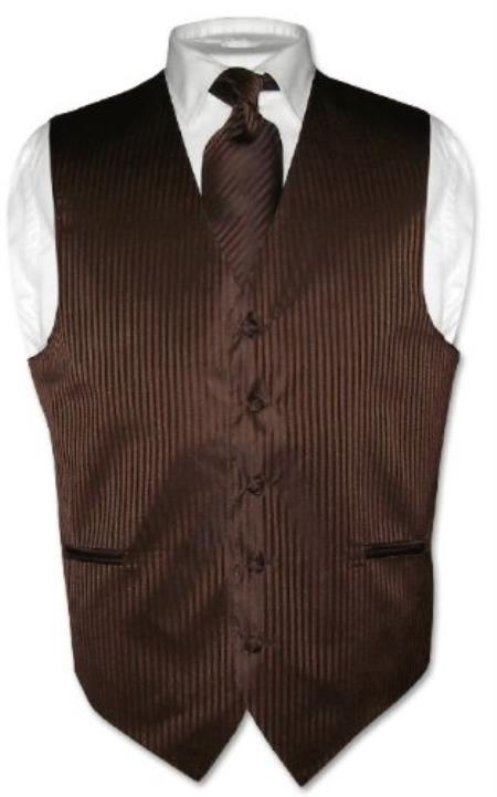 Men's Dress Vest & NeckTie Chocolate Brown Vertical Stripes Design Set - Men's Neck Ties - Mens Dress Tie - Trendy Mens Ties