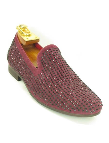 Men's Carrucci Maroon Dress Shoe ~ Burgundy Dress Shoe ~ Wine Color Dress Shoe Fashionable Slip On Style Crystal Shoes