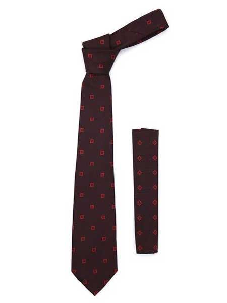 Fashionable Geometric Necktie with Handkerchief Set Burgundy ~ Wine ~ Maroon Color - Men's Neck Ties - Mens Dress Tie - Trendy Mens Ties