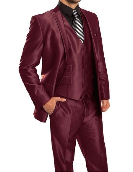 Men's Maroon 2 Button  3 Piece Suit