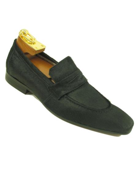 Men's Black Fashionable Carrucci Slip On Style Calfhair Black Dress Shoe  - Cheap Priced Men's Discounted black dress shoes