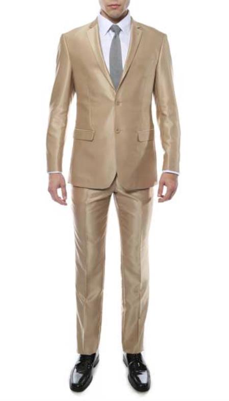 Men's Champagne Two Button Closure Sharkskin Slim Fitted Suit
