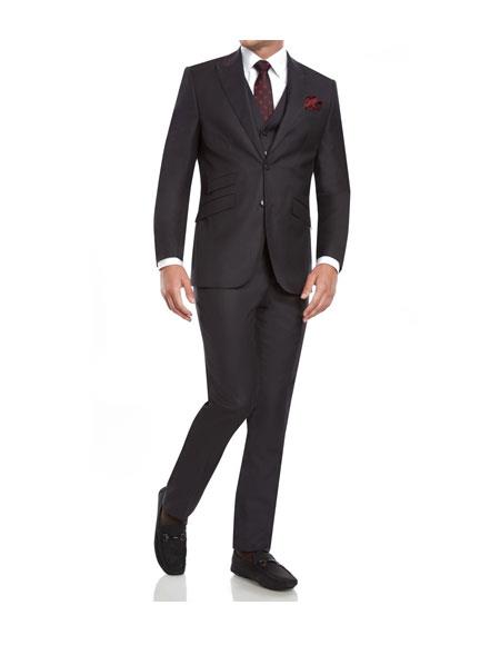 Men's  slim fit 3 piece vested Charcoal suits with Ticket Pockets