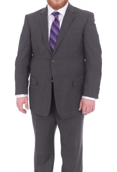 Mix and Match Suits Men's Portly Fit Charcoal Gray Checked Pattern 2 Button Super 130's Wool Suit - Color: Dark Grey Suit Executive Fit Suit - Mens Portly Suit