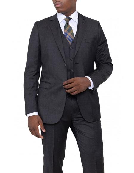 Men's Charcoal Gray Pindot Slim Fit 3 Piece Vested Suit Flat Front Pants - Color: Dark Grey Suit 