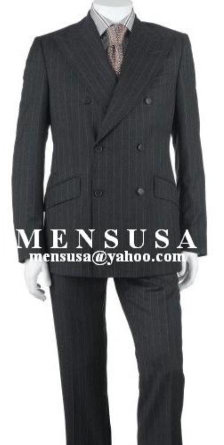 Double Breasted Pinstripe Suits  - Charcoal Gray Pinstripe Color Wool Fabric - Business Suis - Flat Front Pants - Modern Fit - Side Vent