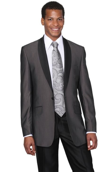 Style#-B6362 Men's Charcoal Shawl Collar Regular Fit Dinner Jacket looking Two Toned Black Lapel + Free Pants Cheap Priced Fashion For Men