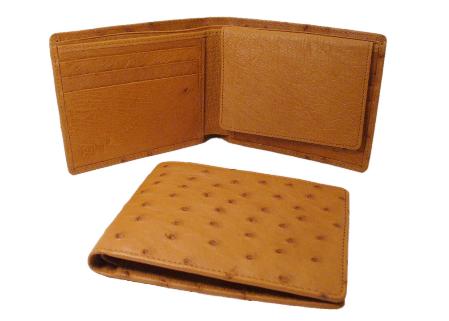 Men's Genuine Exotic Animal Skin Ostrich Wallet - Cognac ID Holder Bifold 