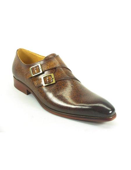 Men's Carrucci Fashionable Cognac Double Monk Strap Leather Stylish Dress Shoe- Men's Buckle Dress Shoes