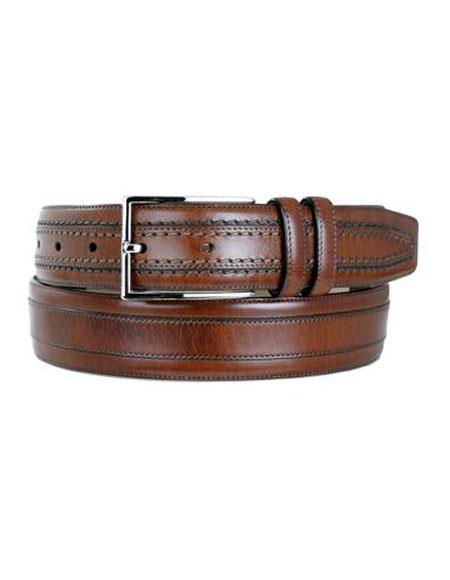 Mezlan Belts Men's Cognac Genuine Leather Satin Nickel Buckle Belt 