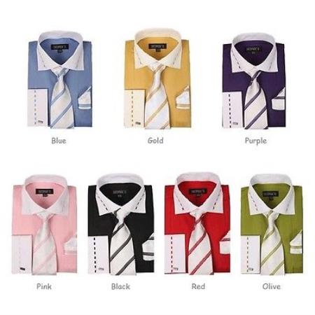 Cotton Blend Striped Spread Collar French Cuff Classic Fit White Collar Two Toned Contrast Multi-Color Men's Dress Shirt