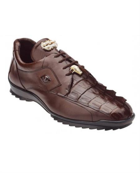 Authentic Genuine Skin Italian Tennis Dress Sneaker Shoes Men's Brown Genuine Hornback Crocodile 