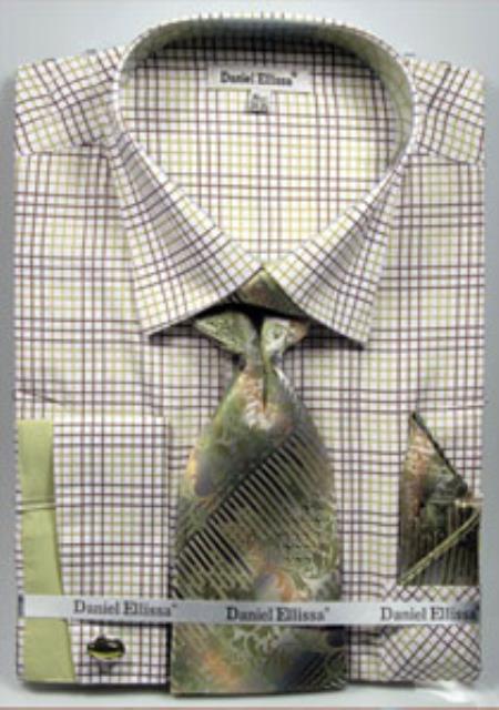Men's Dark Green Daniel Ellissa Graph Checker French Cuff Shirt