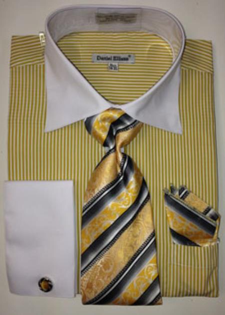 Daniel Ellissa Thin Stripes Big & Tall French Cuff Set Mustard White Collar Two Toned Contrast Men's Dress Shirt