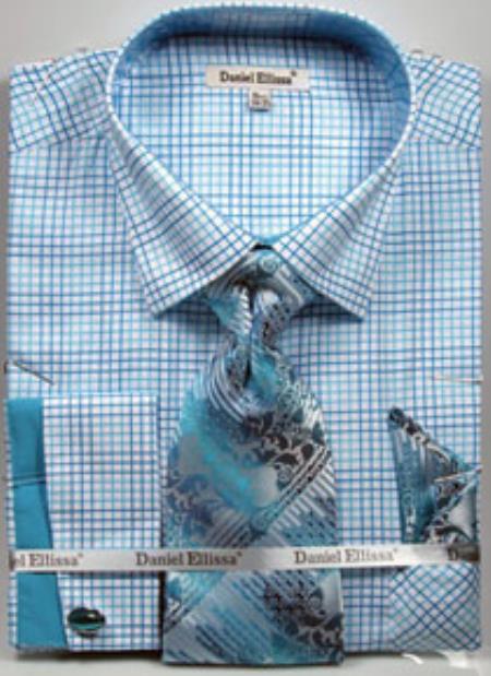 Mens Turquoise Dress Shirt Daniel Ellissa Graph Checker French Cuff Set Turquoise Men's Dress Shirt