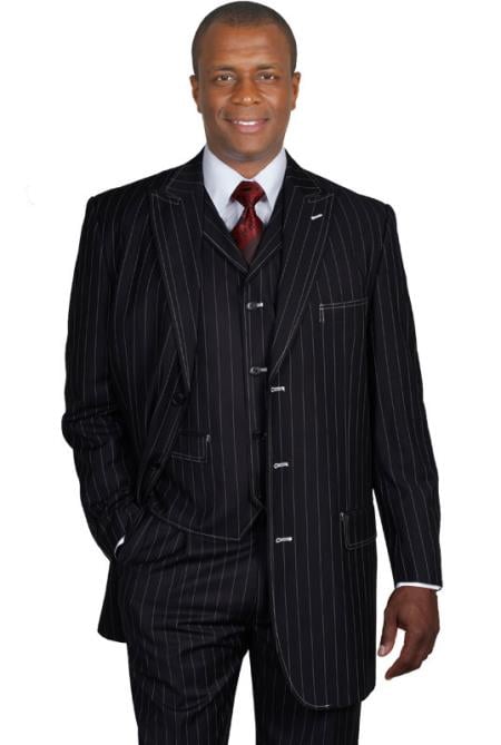 Black Gangster Stripe ~ Pinstripe Vested Urban Men Suits  - Three Piece Suit