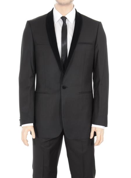 Solid Black Shawl Lapel One Button Suit Tuxedo Tux Men's Velvet Suit Lapel Collar