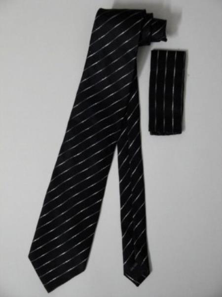 Silk Neck Tie Hanky Black Silver - Men's Neck Ties - Mens Dress Tie - Trendy Mens Ties