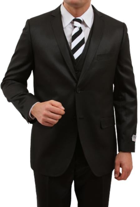 Men's Sharkskin Flashy Metallic Silky Shiny Solid Black 2 Button Front Closure Slim Fit Suit 