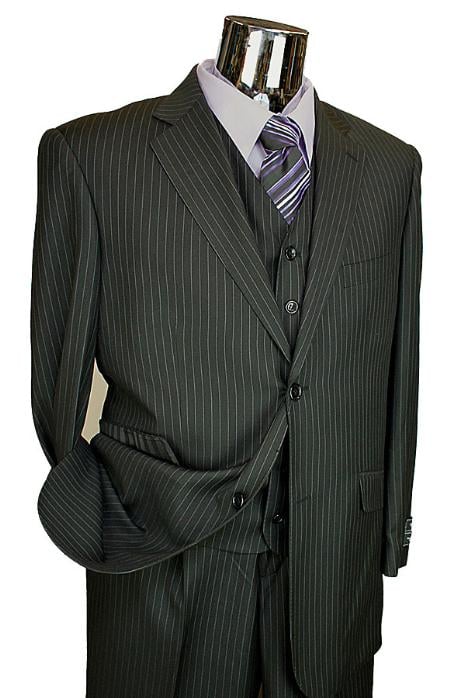 Men's Black Pinstripe 3 Piece 2 Button Italian Designer Suit Flat Front No Pleated Pants - Three Piece Suit