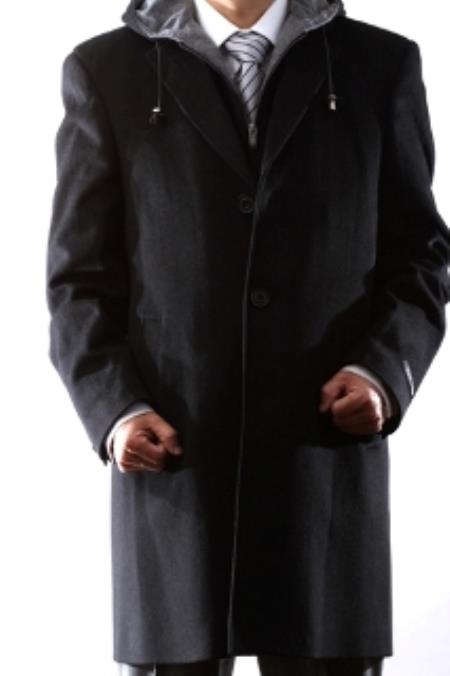 Men's Dress Coat Hooded Wool Winter Overcoat ~ Long Men's Dress Topcoat -  Winter coat , Black or Charcoal hooded