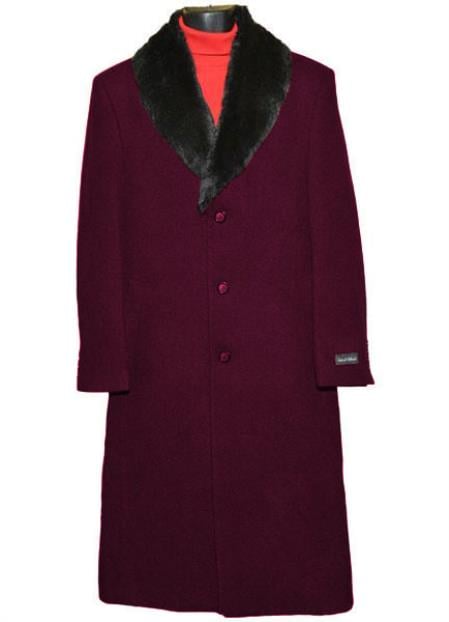 Dark Burgundy ~ Wine ~ Maroon Color Men's Dress Coat (Removable ) Fur Collar 3 Button Full Length Overcoat ~ Long Men's Dress Topcoat -  Winter coat full length Fabric Also