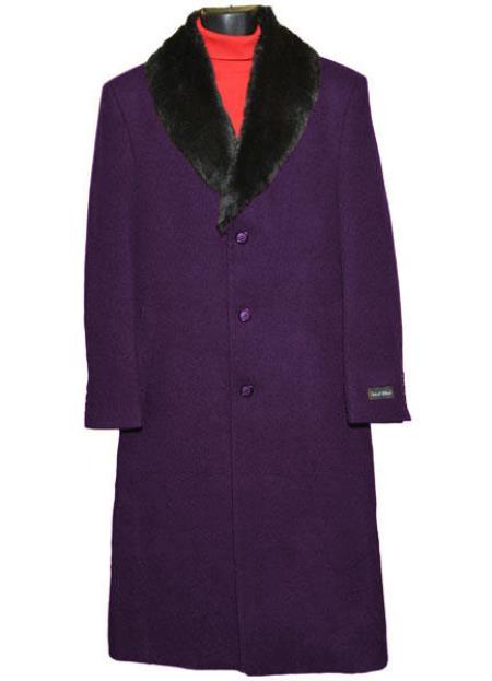 Men's (Removable )  Dress Coat Fur Collar Dark Purple 3 Button Wool Full Length Overcoat ~ Long Men's Dress Topcoat -  Winter coat 65% Wool full length Fabric Also