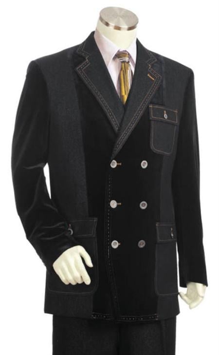 Style#-B6362 Men's Double Breasted Fashion Denim Cotton Fabric Trimmed Two Tone Blazer/Suit/Tuxedo Black With Grey ~ Gray