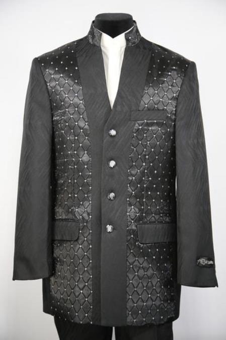 Men's Mandarin Collar Diamond Pattern Black Mandarin Banded No Collar Suit